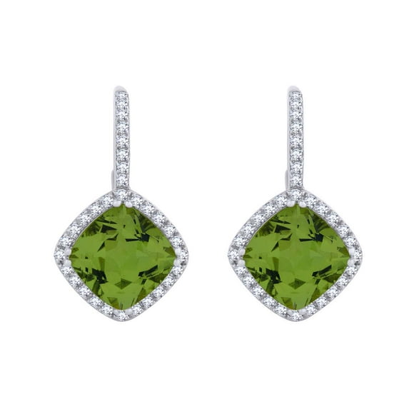 AFFY Simulated Green Peridot & White Natural Diamond Drop Earrings In 14K White Gold (3.07 Cttw)
