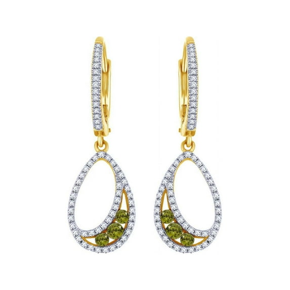AFFY Simulated Green Peridot & White Natural Diamond Tear Drop Dangle Earrings In 14K Yellow Gold (0.58 Cttw)