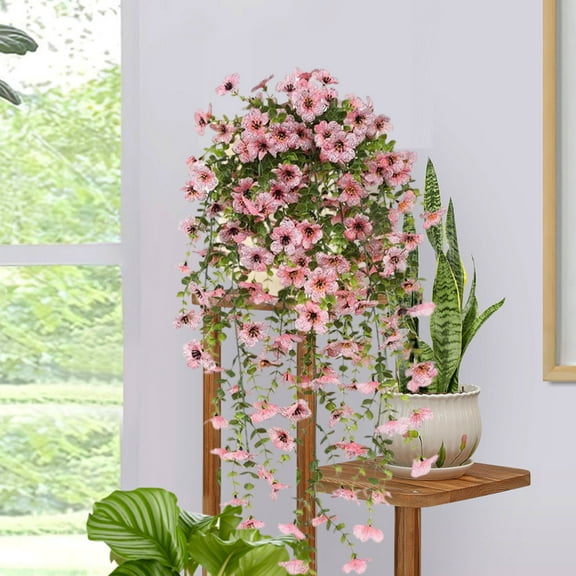 Simulated Green Silk Violet Flower with Rattan Hanging Basket, Ceiling Decoration for Home, Office or Garden