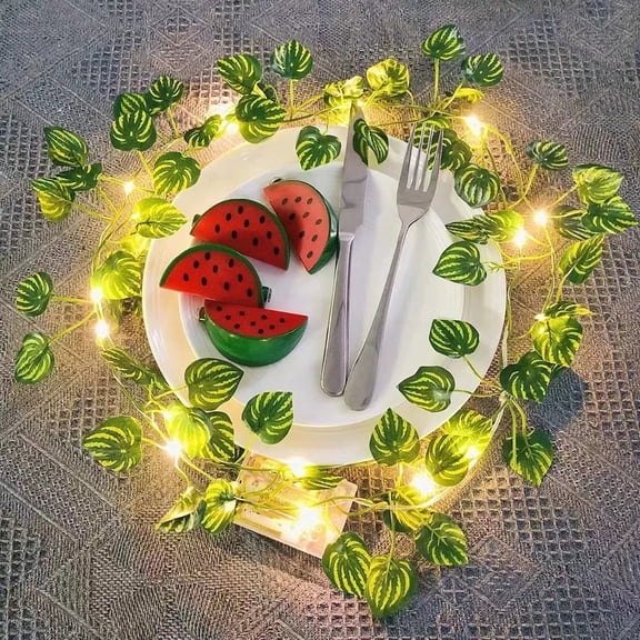 Simulated Green Vine LED Light String, Watermelon Leaves Design, 6.6 ft 20 LEDs, Battery Operated, for Home Decor Garden