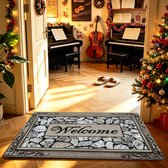 Simulated Grey Slate Welcome Script 2D Flat Print Doormat,16x24/20x32/24x36/16x47/31x47 inch,Polyester,Front Door Entry Decor