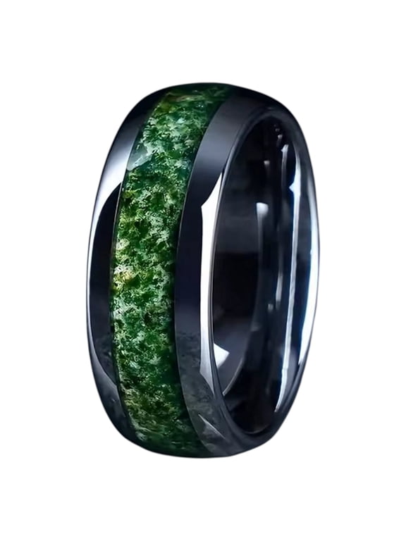 Simulated Jade Emerald Ring Silver Stainless Steel Unisex Green Wedding Band Mens Womens Fantasy Forge Jewelry