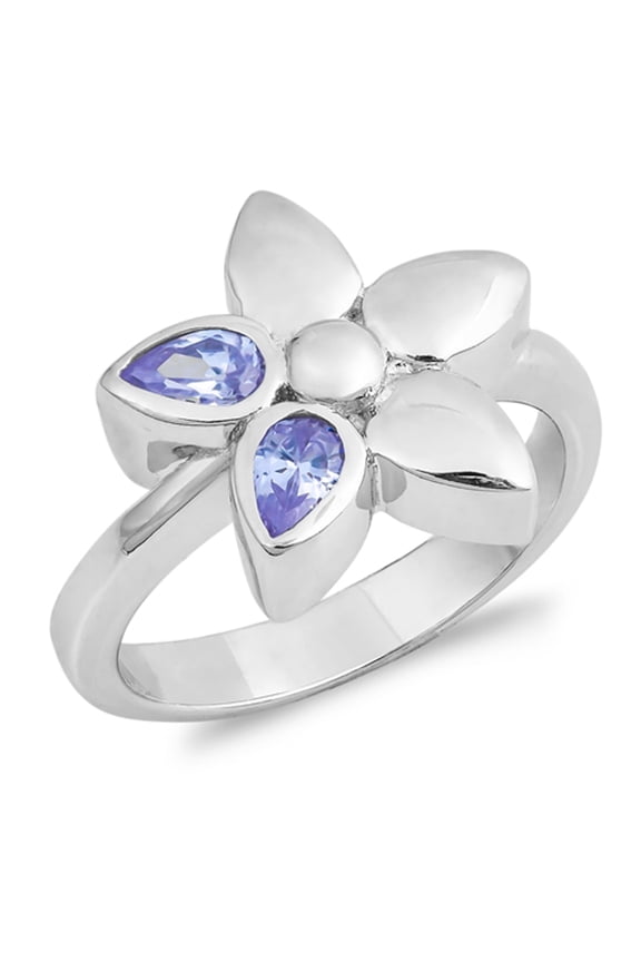 Simulated Lavender Teardrop Bezel Flower Ring .925 Sterling Silver Band Purple CZ Female Size 8