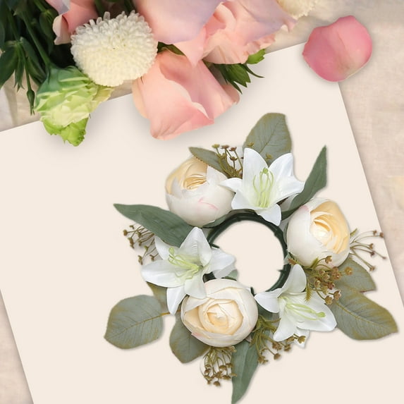Simulated Lily Candle Ring Under $5! Yannianjz Simulated Lily Rose Candlestick Wreath, Floral Table Decor, Valentines Day Centerpiece, Wedding Decor, Home Decor Wreath, Candle Holder Ring
