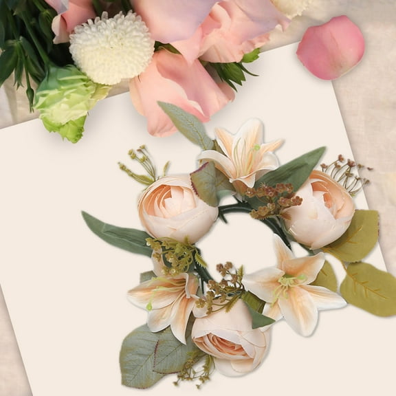Simulated Lily Candle Ring Under $5! Yannianjz Simulated Lily Rose Candlestick Wreath, Floral Table Decor, Valentines Day Centerpiece, Wedding Decor, Home Decor Wreath, Candle Holder Ring