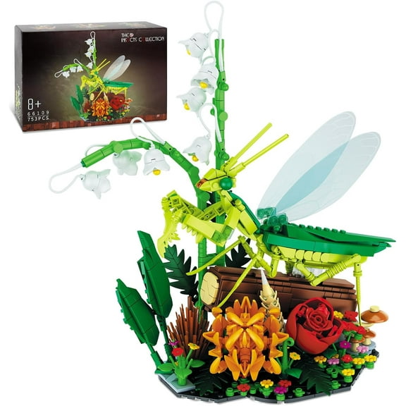 Simulated Mantis and Flower Building Blocks Set, DIY Insect Model Kit with Movable Joints, Transparent Wings, for Children's Puzzle Creation Gift, Adult Decompression Collection Toy(753Pcs)