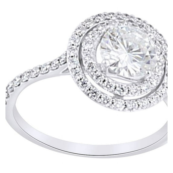 AFFY Simulated Moissanite & Natural Diamond Double Halo Engagement Ring In 14k Solid White Gold, Ring Size-6.5