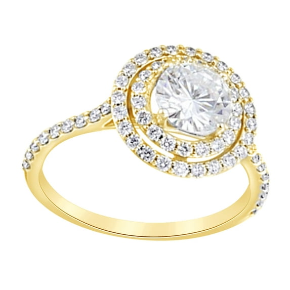 AFFY Simulated Moissanite & Natural Diamond Double Halo Engagement Ring In 14k Solid Yellow Gold, Ring Size-8