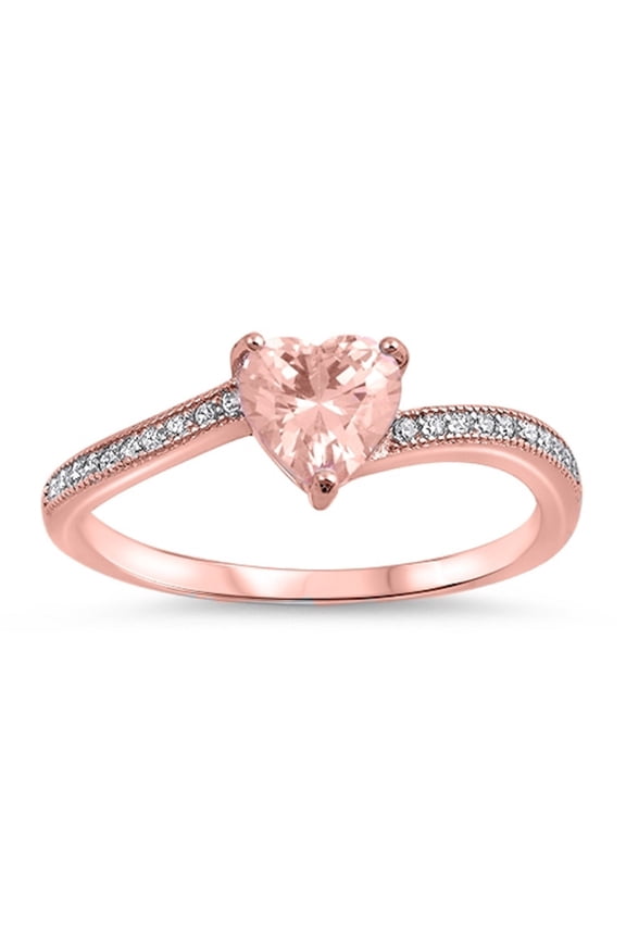 Simulated Morganite CZ Heart Ring Rose Gold-Toned Sterling Silver Size 4