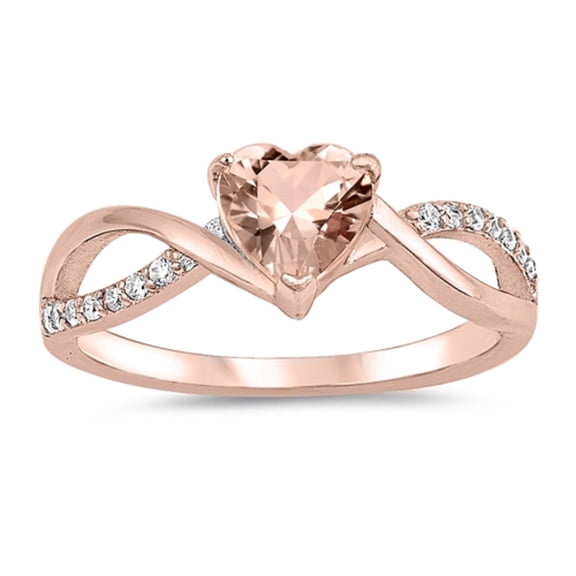 Simulated Morganite Cubic Zirconia Heart Swirl Sides Ring Rose Gold-Tone Sterling Silver Size 10