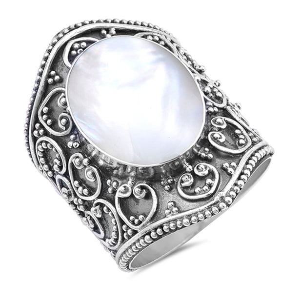 Simulated Mother of Pearl Bali Swirl Oxidized Ring 925 Sterling Silver Band Jewelry Female Size 10