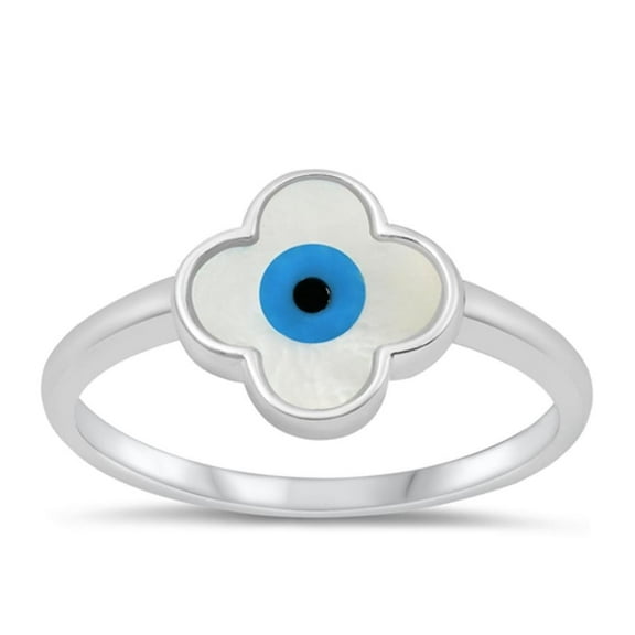 Simulated Mother of Pearl Evil Eye Ring .925 Sterling Silver Band Jewelry Female Male Unisex Size 8