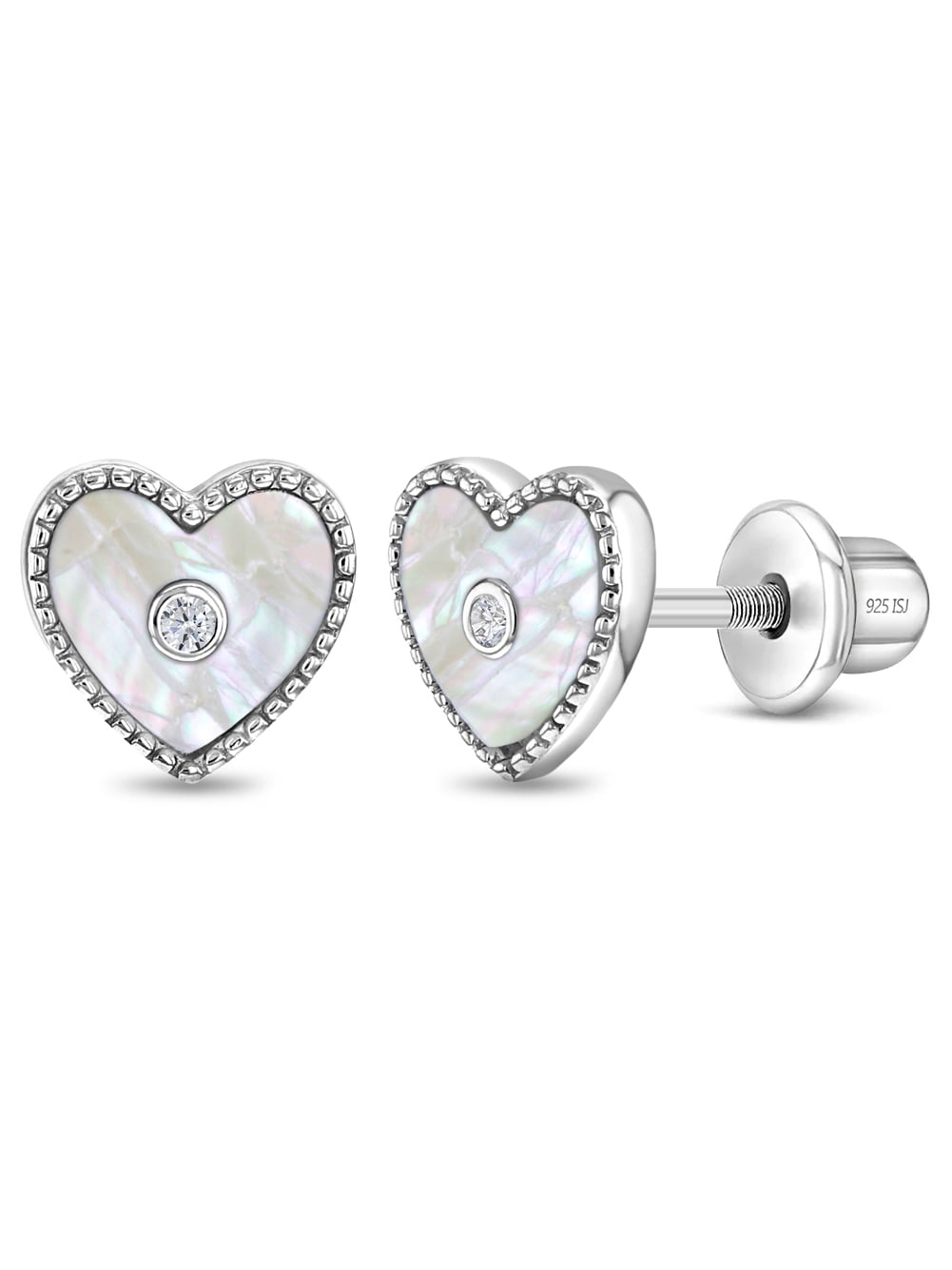 Simulated Mother of Pearl Heart Children's Earrings Screw Back - Sterling Silver