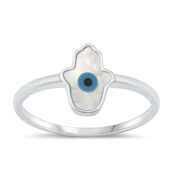 Simulated Mother of Pearl Ring .925 Sterling Silver Hamsa Eye Band Jewelry Female Male Size 10