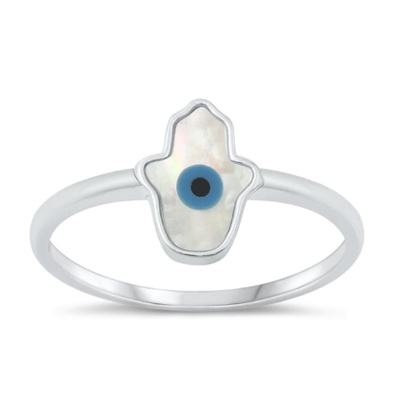 Simulated Mother of Pearl Ring .925 Sterling Silver Hamsa Eye Band Jewelry Female Male Unisex Size 5