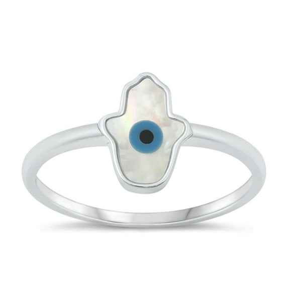 Simulated Mother of Pearl Ring .925 Sterling Silver Hamsa Eye Band Jewelry Female Male Unisex Size 6