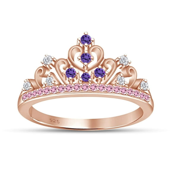 AFFY Simulated Multi Stone Rapunzel Princess Style Engagement Crown Ring In 14k Rose Gold Over Silver-11