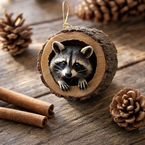 Simulated Natural Tree Trunk Animal Christmas Ornament,Resin Raccoon Tree Hole Hanging Pendant,Rustic Log Hollow Decor,Wood Style Holiday Tree Hanging Ornament