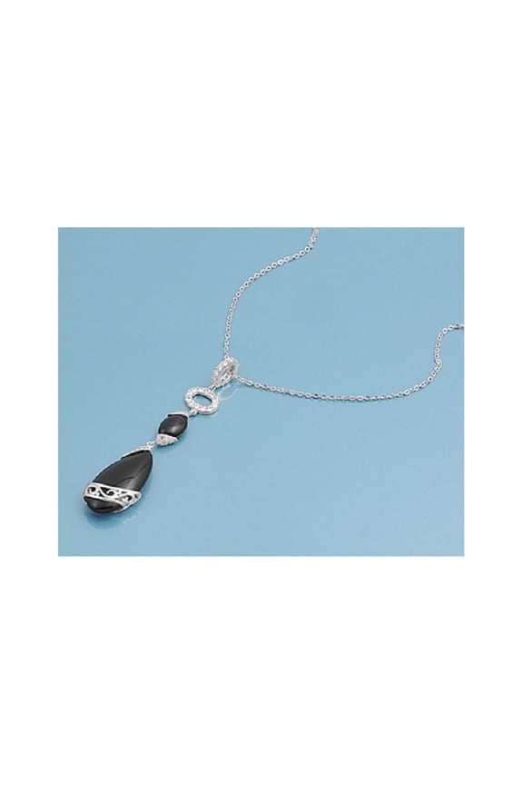 Simulated Onyx Clear Cubic Zirconia 16"+2" Adjustable Chain Necklace Sterling Silver