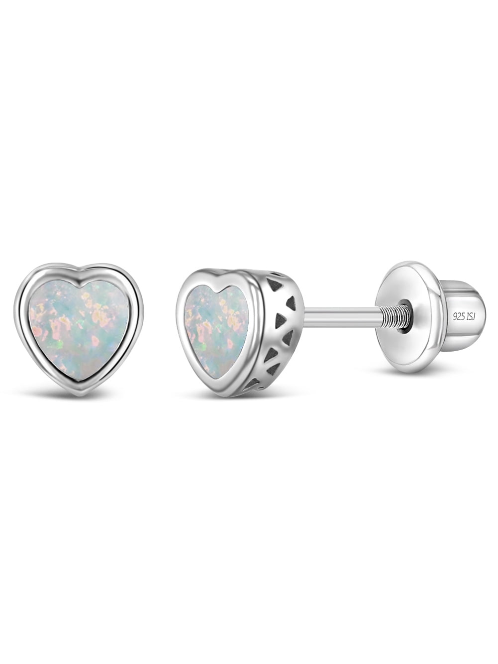 Simulated Opal Birthstone Heart Girls Earrings Screw Back - Sterling Silver