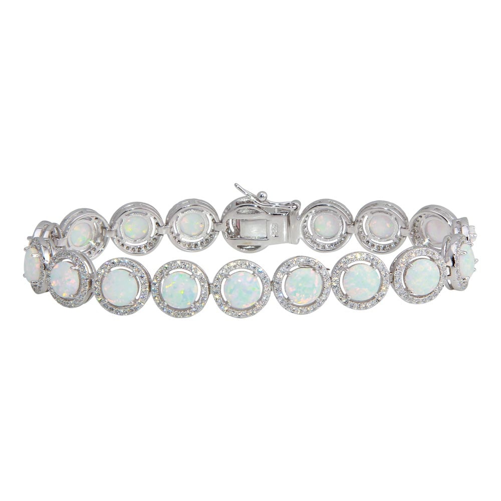 Simulated Opal Center Cubic Zirconia Halo Tennis Bracelet Sterling