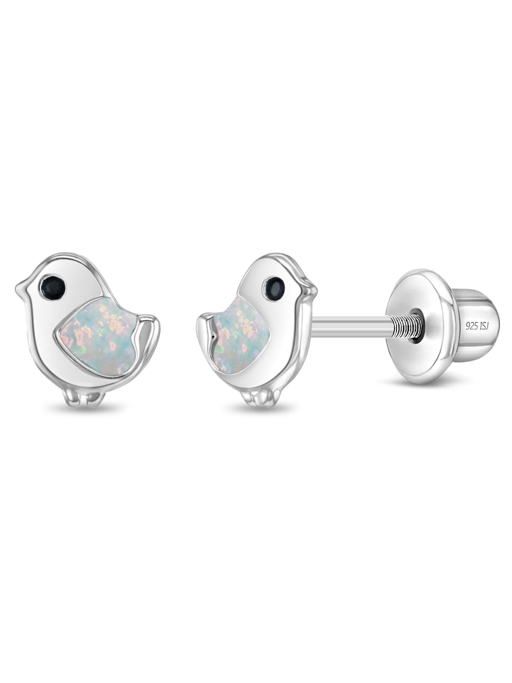 Simulated Opal Dove Kids / Children's Earrings Screw Back - Sterling Silver