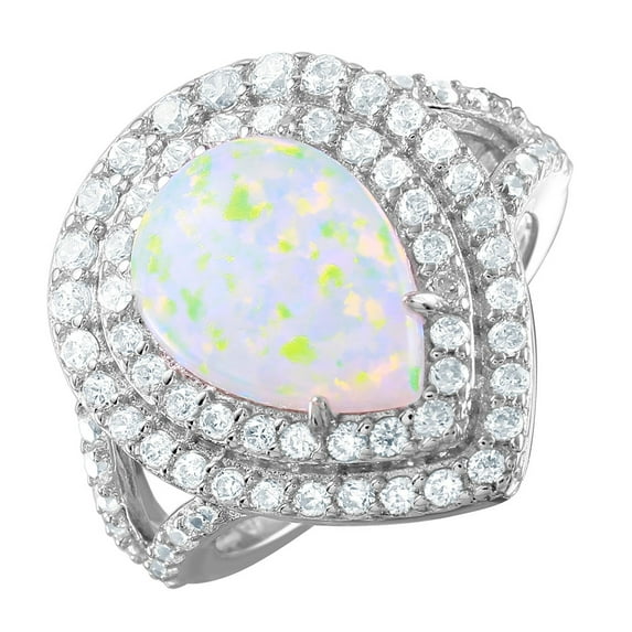 Simulated Opal Teardrop Halo Cubic Zirconia Split Shank Ring Rhodium Plated Sterling Silver Size 6