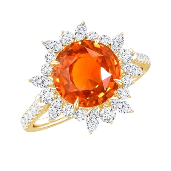 Rosec Jewels Lab Grown Orange Sapphire Engagement Ring with Halo - 8 mm - Sapphire Diamond Ring - AAAA Grade - with Jewelry Box, 10K Yellow Gold, US 12.50