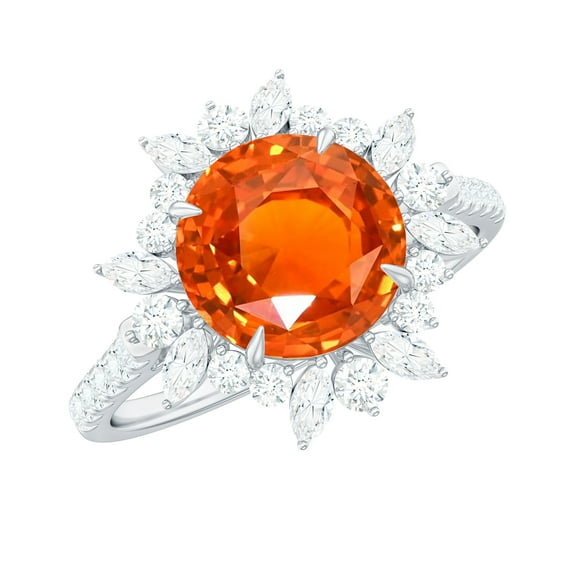 Rosec Jewels Lab Grown Orange Sapphire Engagement Ring with Halo - 8 mm - Sapphire Diamond Ring - AAAA Grade - with Jewelry Box, 14K White Gold, US 4.00