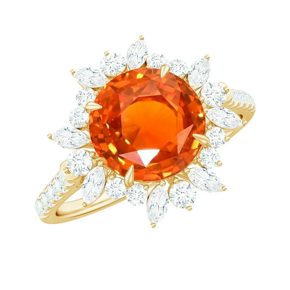 Rosec Jewels Lab Grown Orange Sapphire Engagement Ring with Halo - 8 mm - Sapphire Diamond Ring - AAAA Grade - with Jewelry Box, 18K Yellow Gold, US 3.00