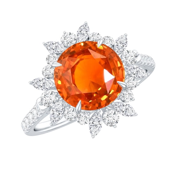 Rosec Jewels Lab Grown Orange Sapphire Engagement Ring with Halo - 8 mm - Sapphire Diamond Ring - AAAA Grade - with Jewelry Box, 925 Sterling Silver, US 4.00