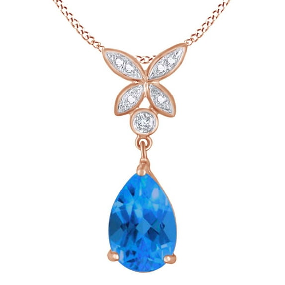 AFFY Simulated Pear Blue Topaz & White Natural Diamond Accent Dangle Pendant in 925 Sterling Silver