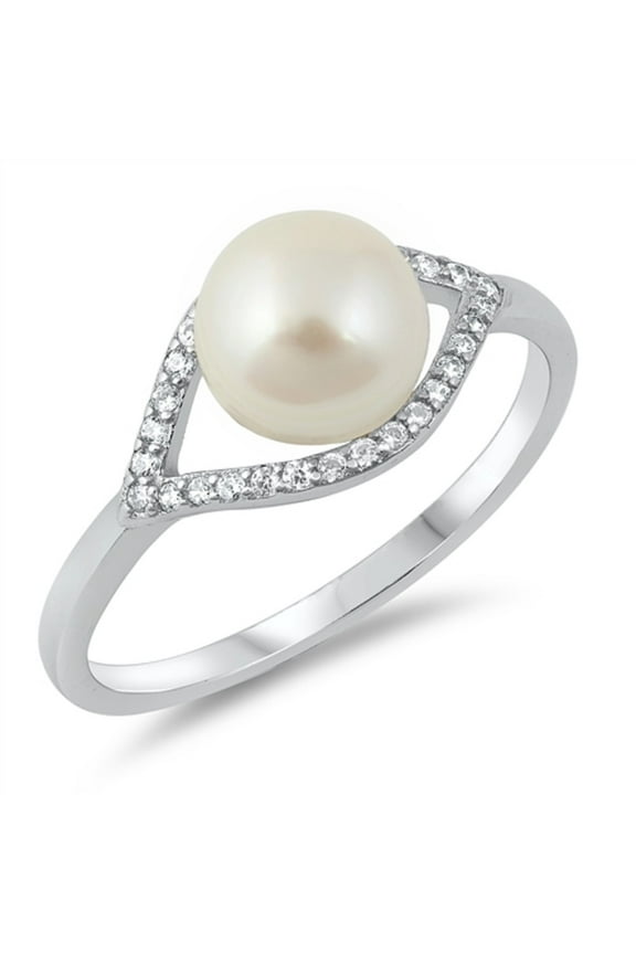 Simulated Pearl Bead Center Clear Cubic Zirconia Eye Design Ring Sterling Silver Size 9