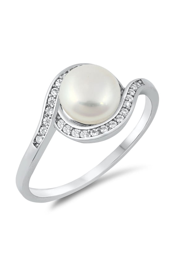 Simulated Pearl Bead Center Clear Cubic Zirconia Swirl Ring Sterling Silver Size 5