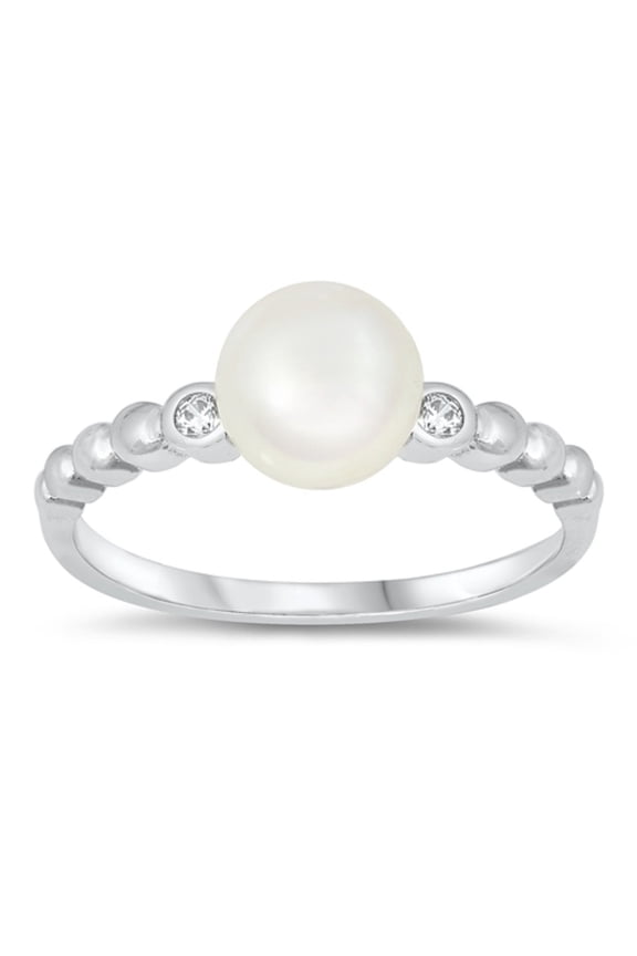 Simulated Pearl Clear CZ Beaded Ring Sterling Silver Size 9