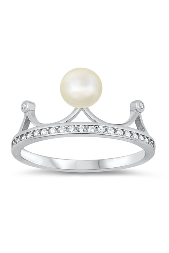 Simulated Pearl Clear CZ Crown Ring Sterling Silver Size 6