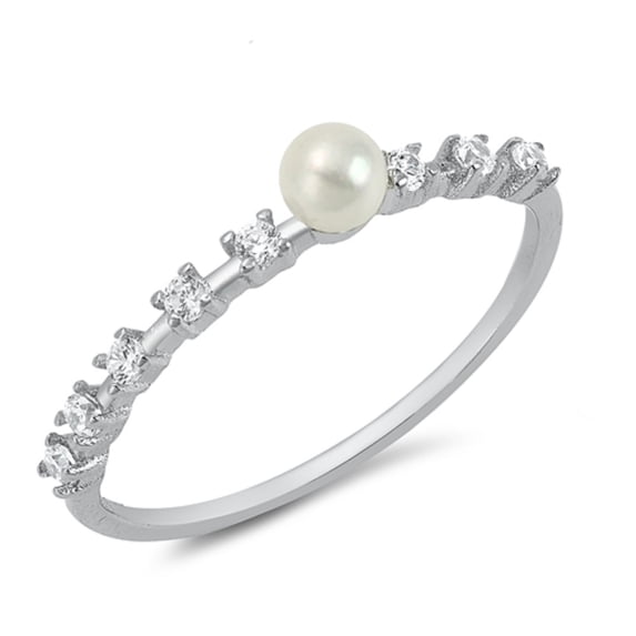 Simulated Pearl Clear CZ Fancy Thin Ring Sterling Silver Size 5