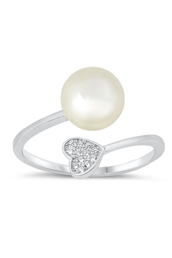 Simulated Pearl Clear CZ Heart Open Ring Sterling Silver Size 10