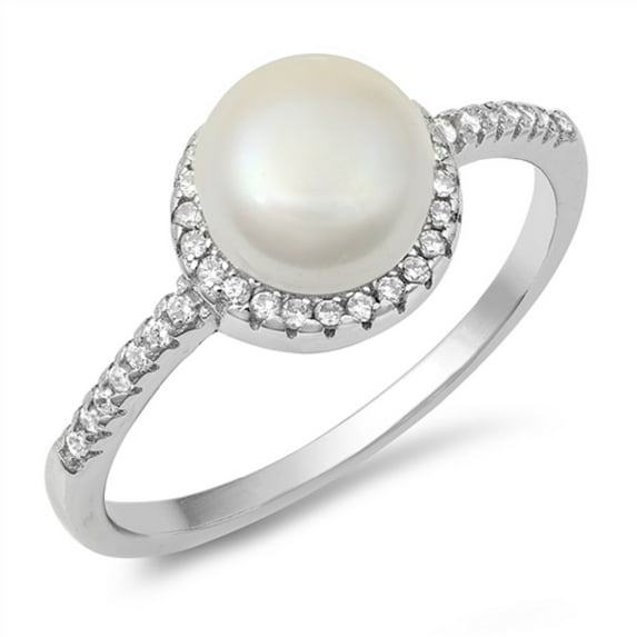 Simulated Pearl Clear CZ Round Classic Ring Sterling Silver Size 8