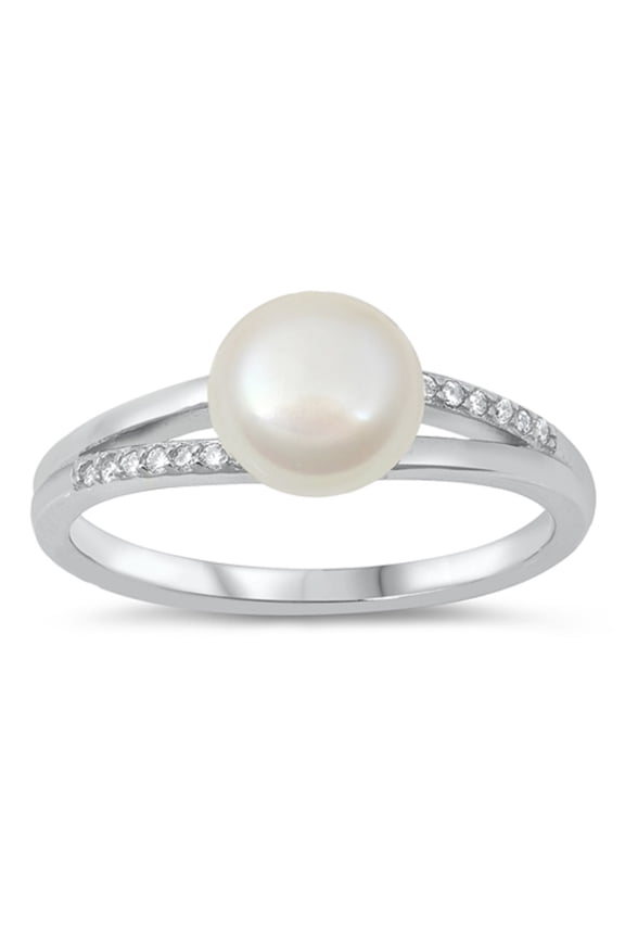 Simulated Pearl Clear CZ Split Band Ring Sterling Silver Size 6