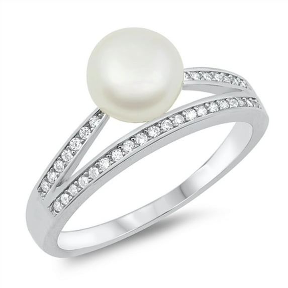 Simulated Pearl Clear CZ Split Band Ring Sterling Silver Size10