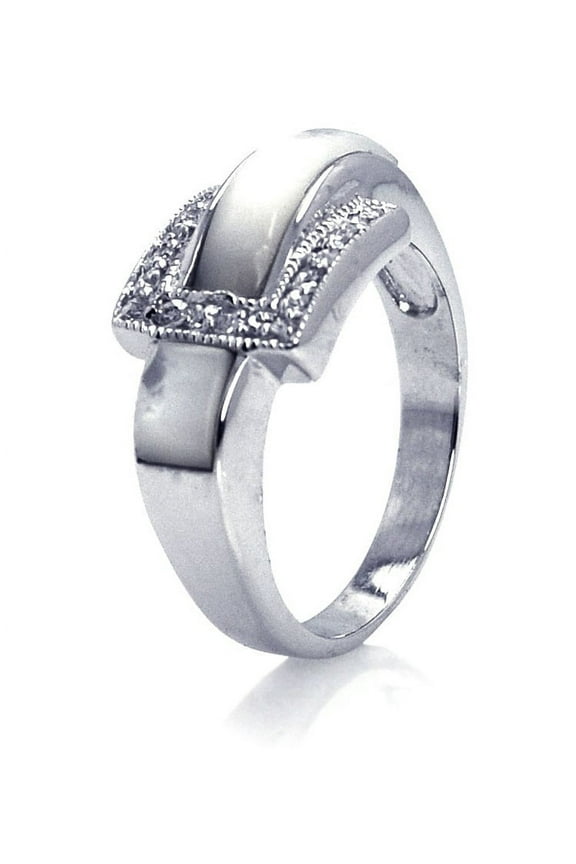Simulated Pearl Cubic Zirconia Belt Buckle Ring Rhodium Plated Sterling Silver Size 8