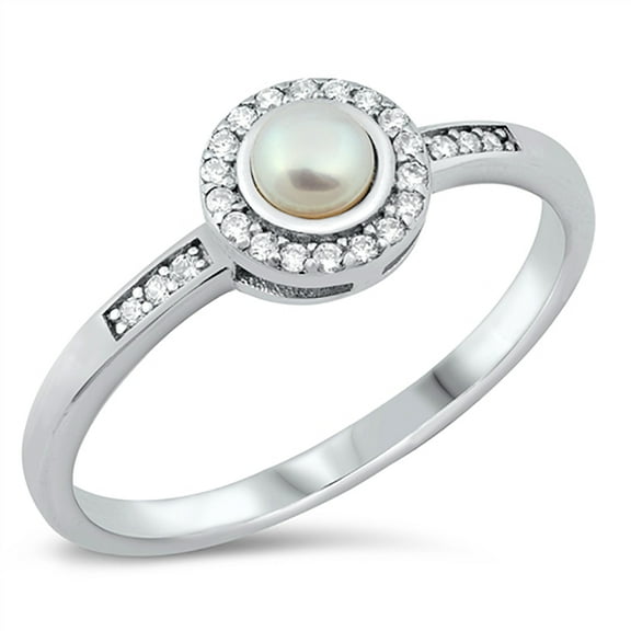 Simulated Pearl Cubic Zirconia Cluster Flower Design Ring Sterling Silver Size 7