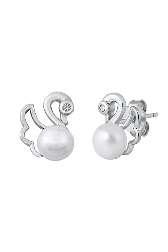 Simulated Pearl Cubic Zirconia Swan Stud Earrings Sterling Silver