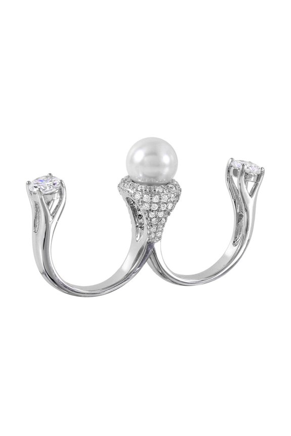 Simulated Pearl Cubic Zirconia Two Finger Open Ring Rhodium Plated Sterling Silver Size 6