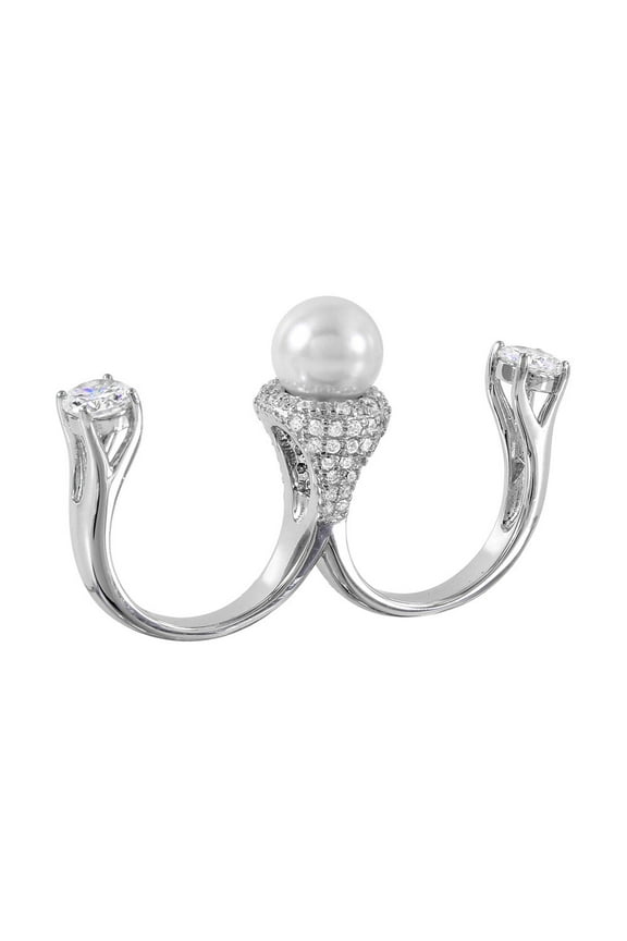 Simulated Pearl Cubic Zirconia Two Finger Open Ring Rhodium Plated Sterling Silver Size 8