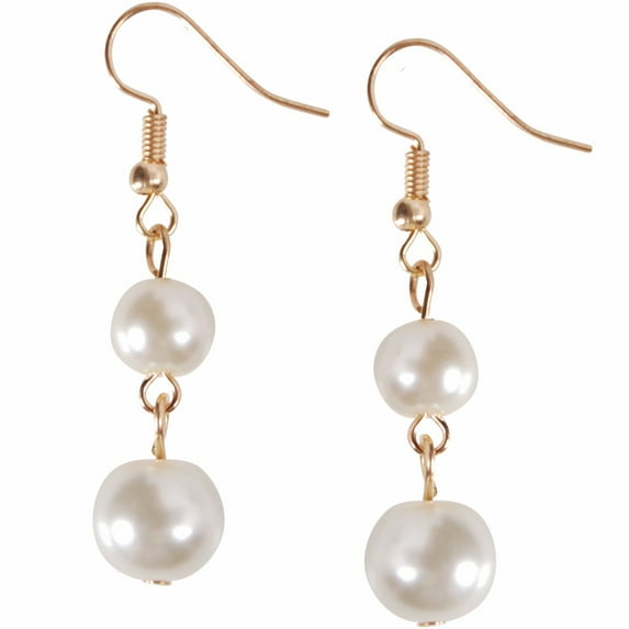 Simulated Pearl Dangles - Classic Dangly Round Bead Drop Earrings by Humble Chic NY, Gold-Tone Double Dangle Simulated Pearl, White