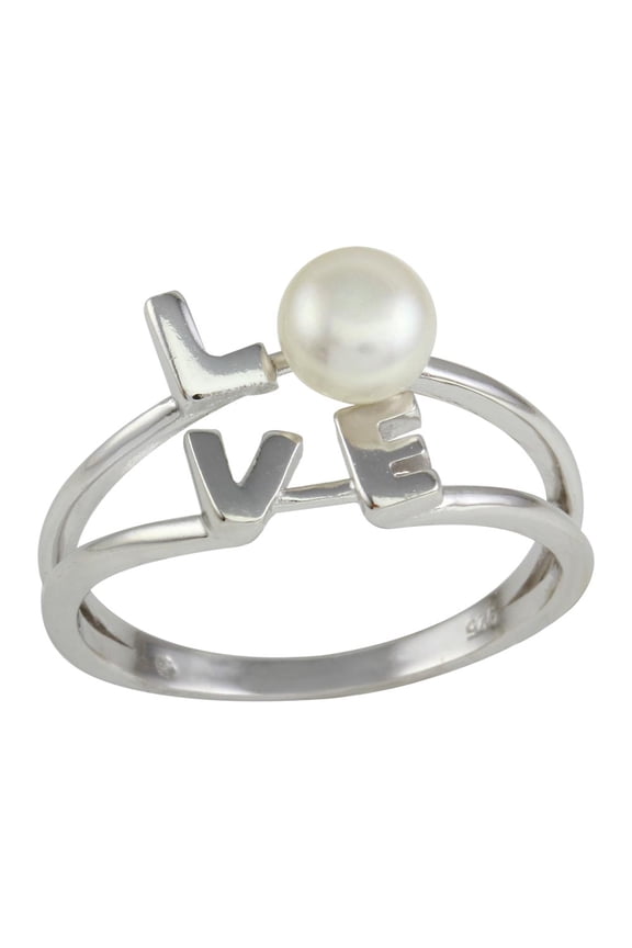 Simulated Pearl Love Word Split Shank Ring Rhodium Plated Sterling Silver Size 8