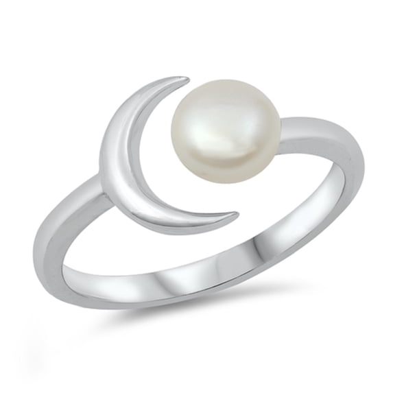 Simulated Pearl Plain Crescent Open Ring Sterling Silver Size 5