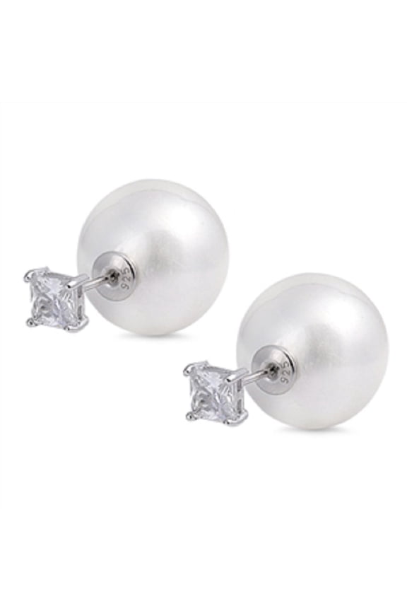 Simulated Pearl Princess Cut Prong Set Cubic Zirconia Fashion Earrings Sterling Silver